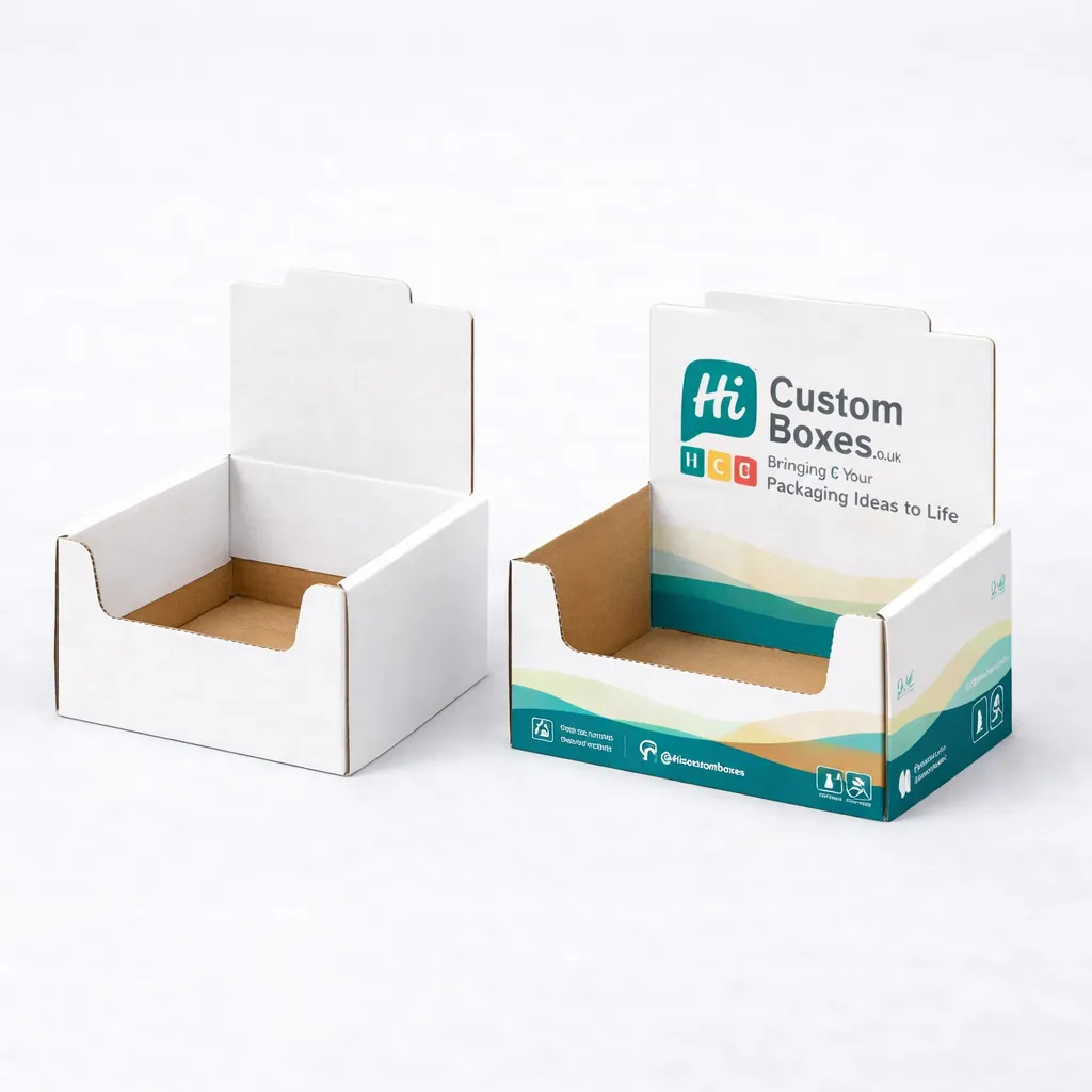 Bespoke corrugated display boxes with a raised back panel, ideal for retail counter-top product placement. class=
